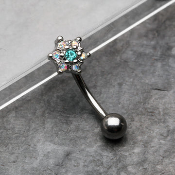 Detail View 1 of Brilliant Sparkle Spring Flower Eyebrow Curved Barbell Ring-Aurora Borealis/Teal